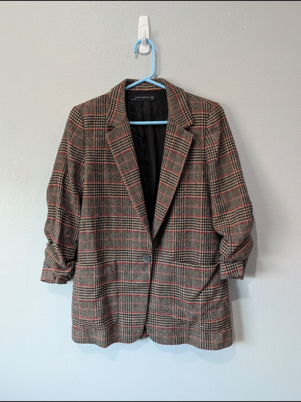 Zara Plaid Single-Button Blazer Jacket - Brown with Red Accents